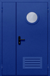 Фото двери «Полуторная с круглым стеклом и решеткой (синяя)» в Кубинке