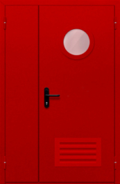 Фото двери «Полуторная с круглым стеклом и решеткой (красная)» в Кубинке
